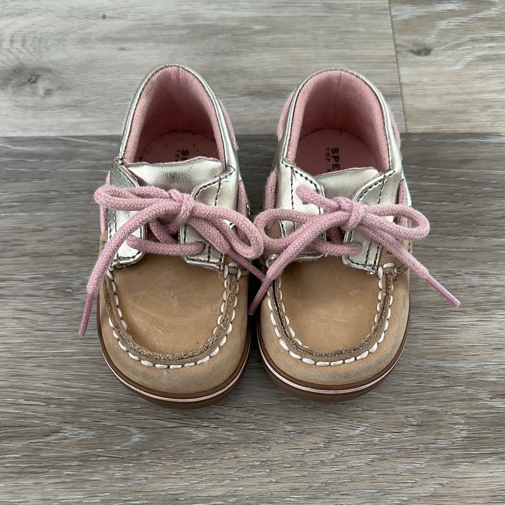 Sperry Tan and Pink Baby Boat Shoes